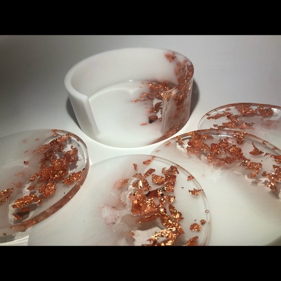 Copper/Rose Gold & White Coaster Set With Holder - Picture 3 of 14